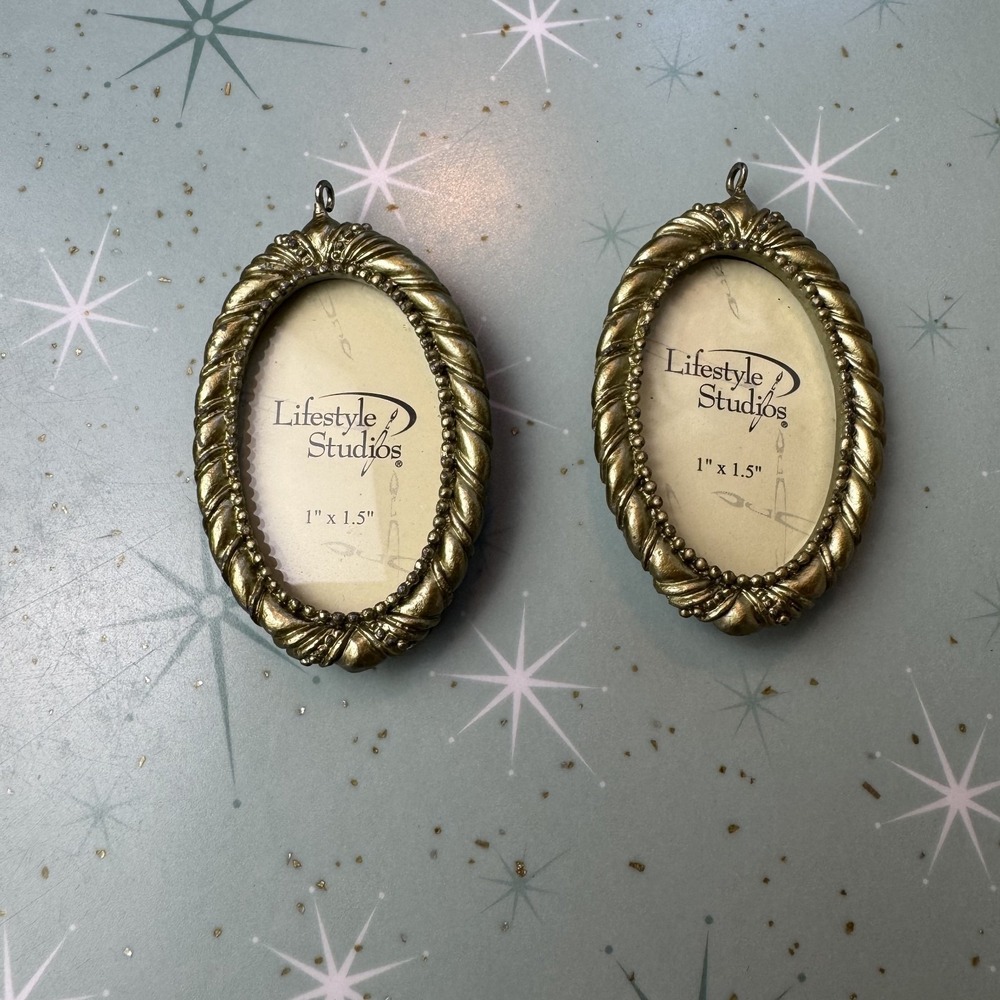 Lot of 2 Vintage Small Mini Picture Ornament Frames Gold Brass Tone with Hooks